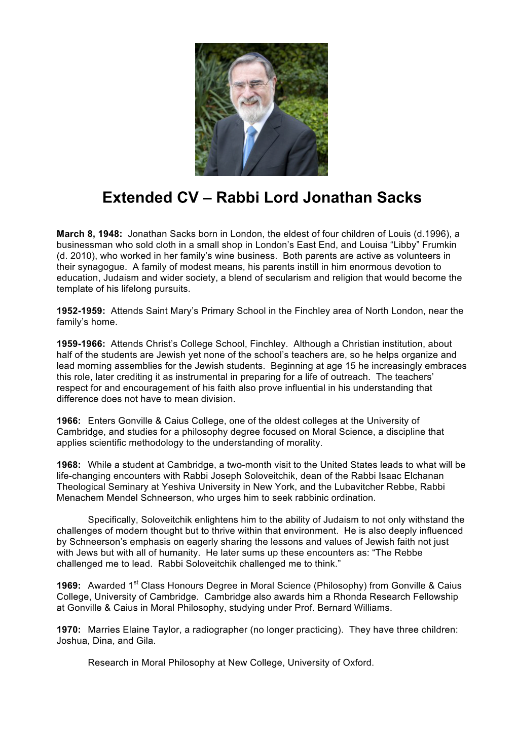 Extended CV – Rabbi Lord Jonathan Sacks