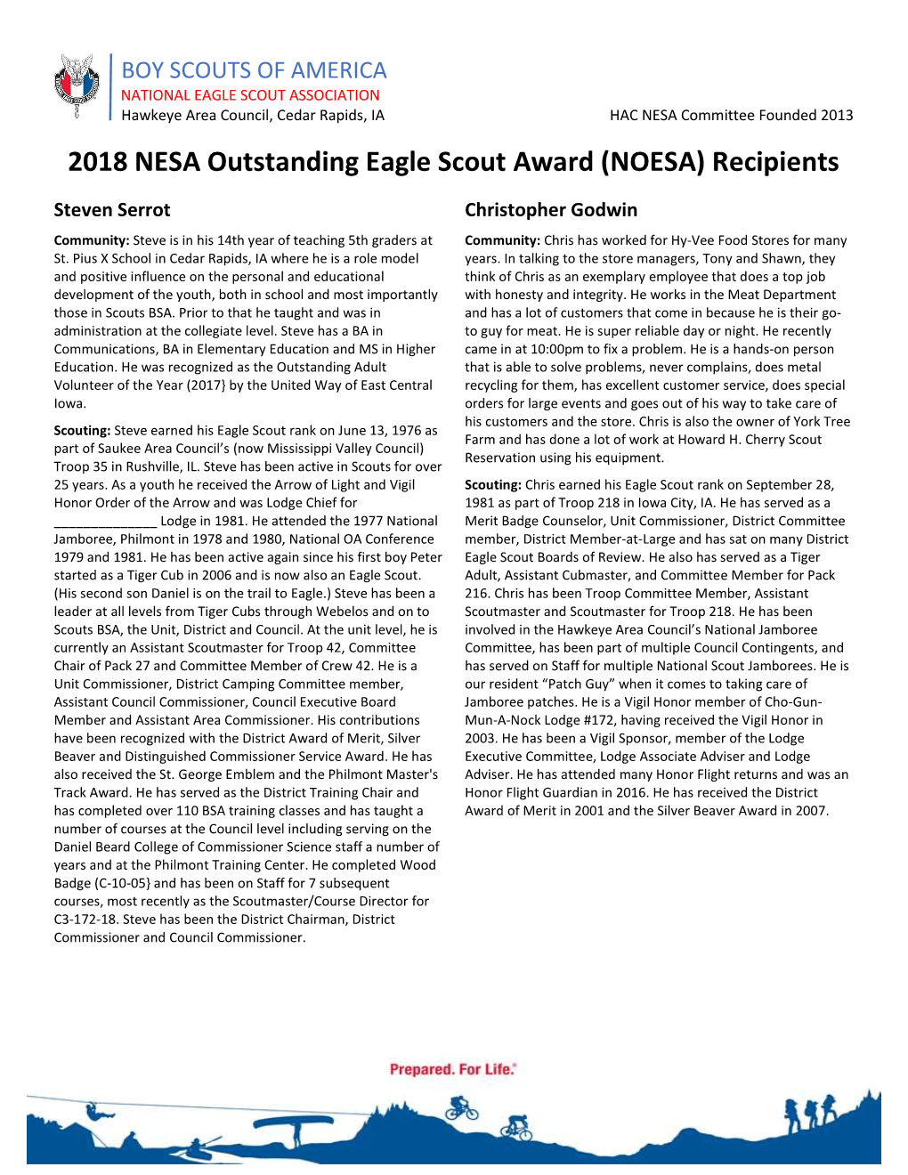 2018 NESA Outstanding Eagle Scout Award (NOESA) Recipients