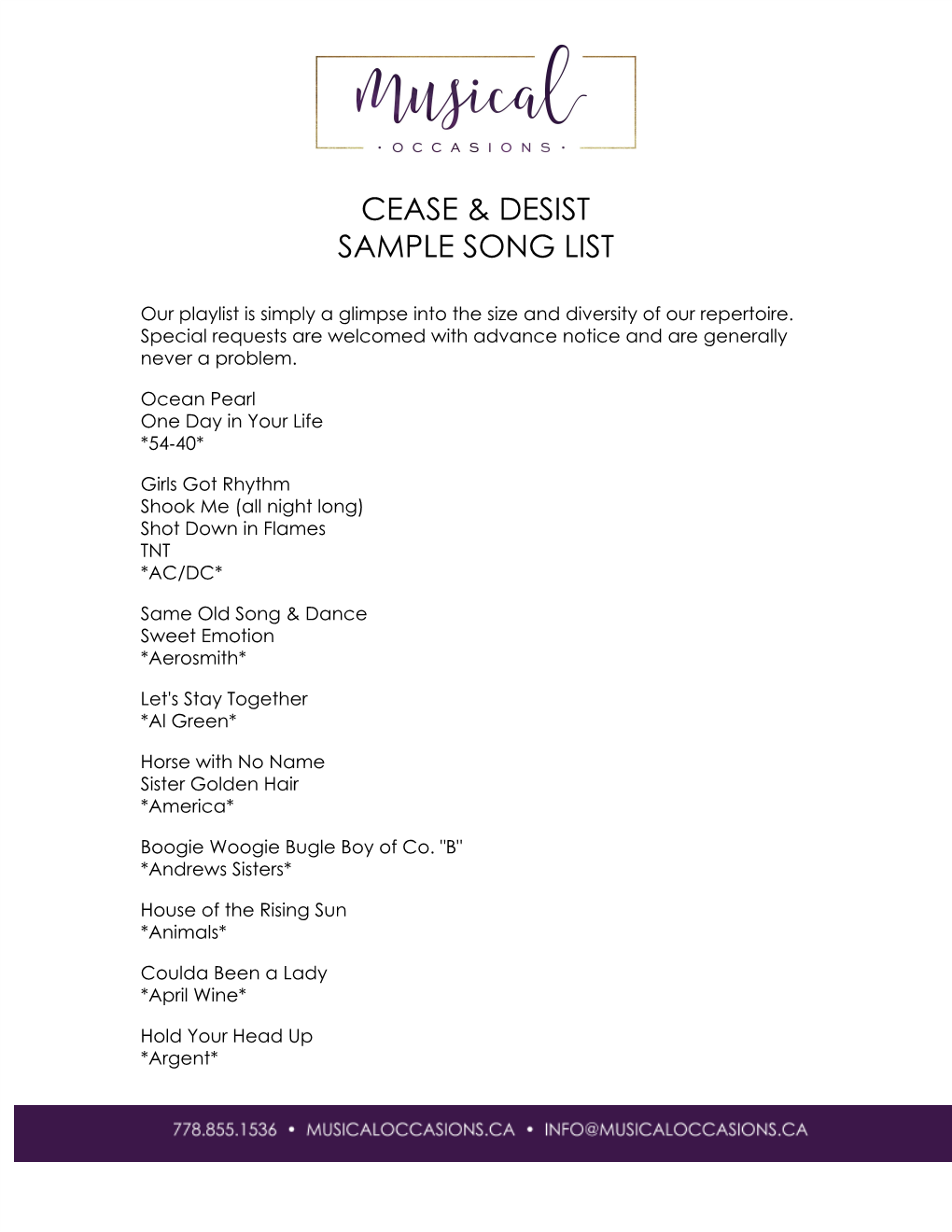 Cease & Desist Sample Song List