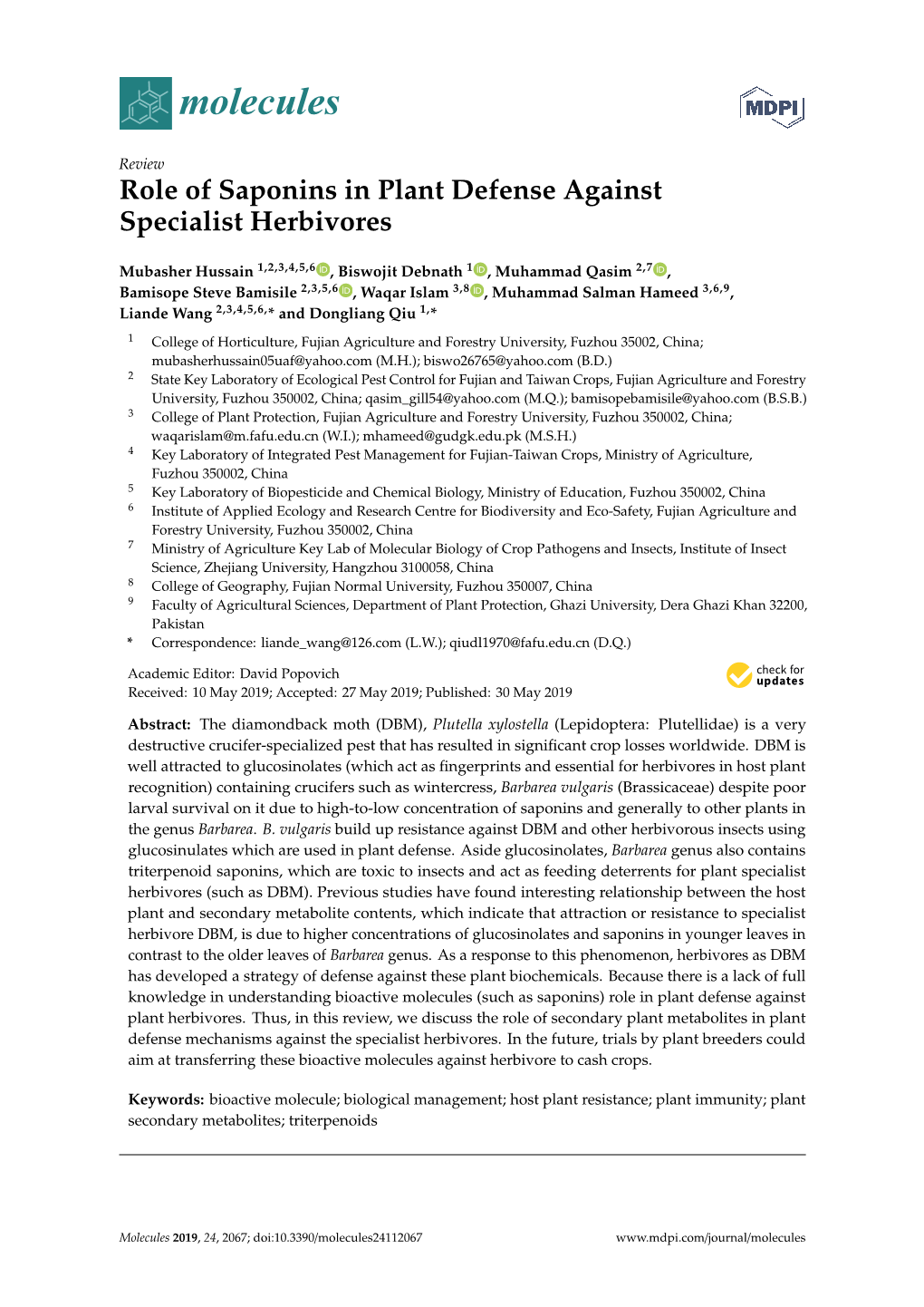 Role of Saponins in Plant Defense Against Specialist Herbivores