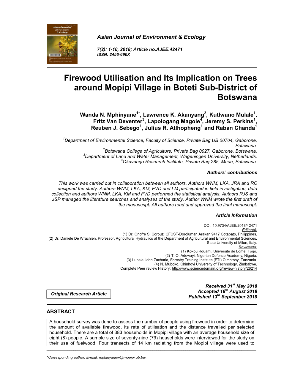 Firewood Utilisation and Its Implication on Trees Around Mopipi Village in Boteti Sub-District of Botswana