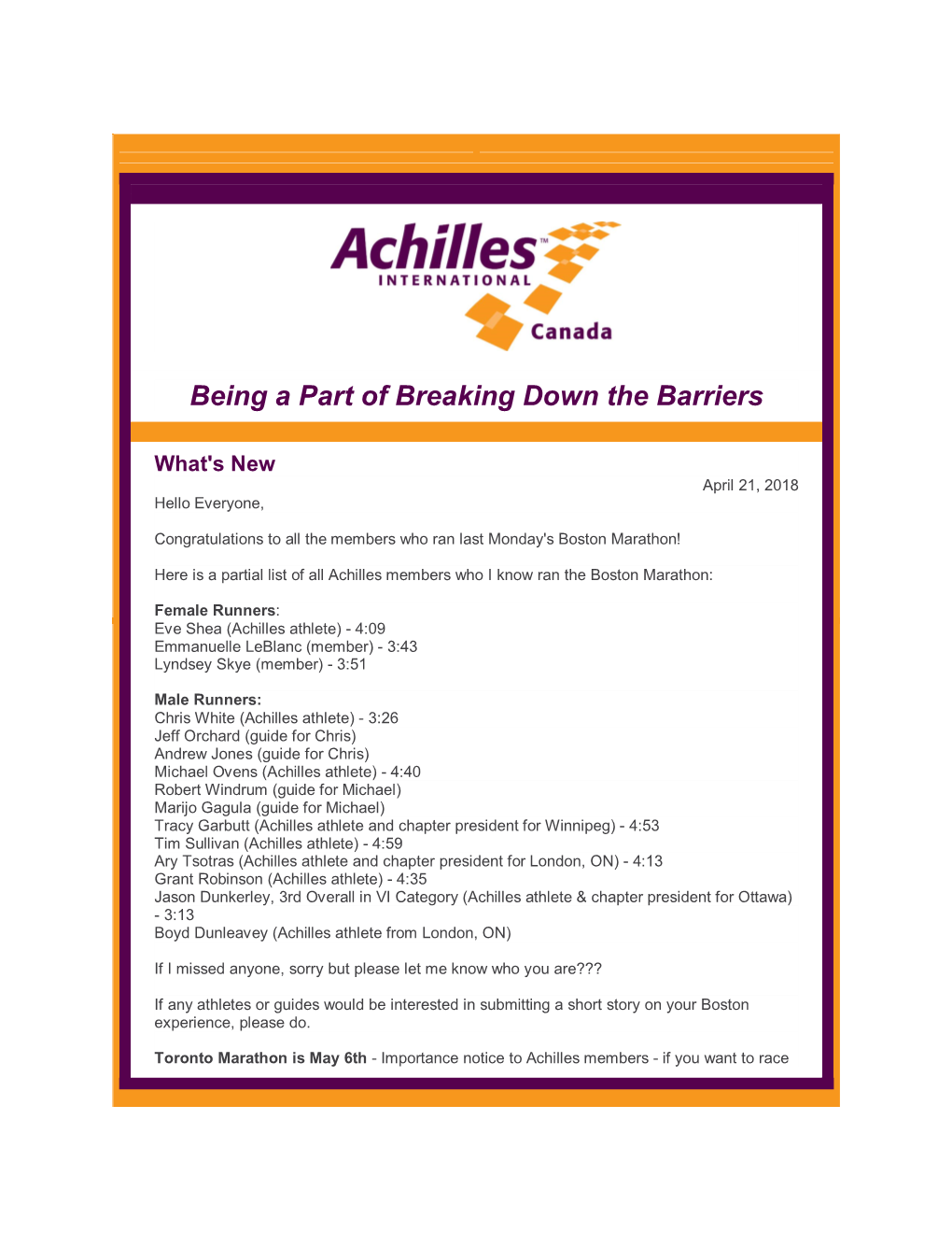 Achilles Newsletter April 21, 2018