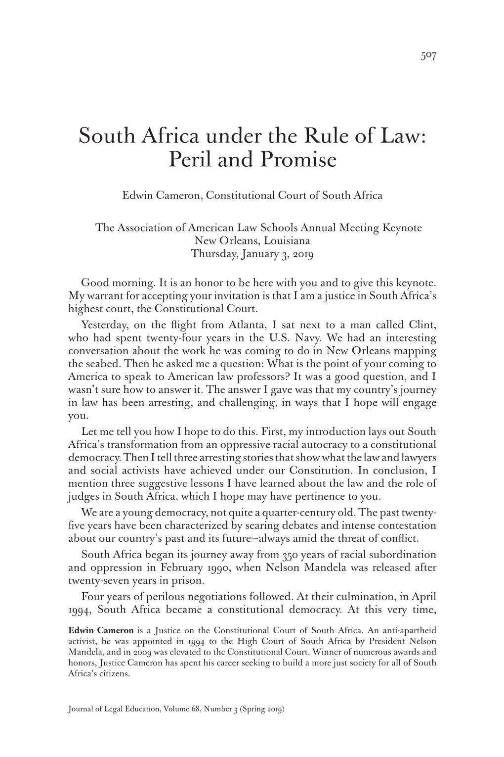 South Africa Under the Rule of Law: Peril and Promise