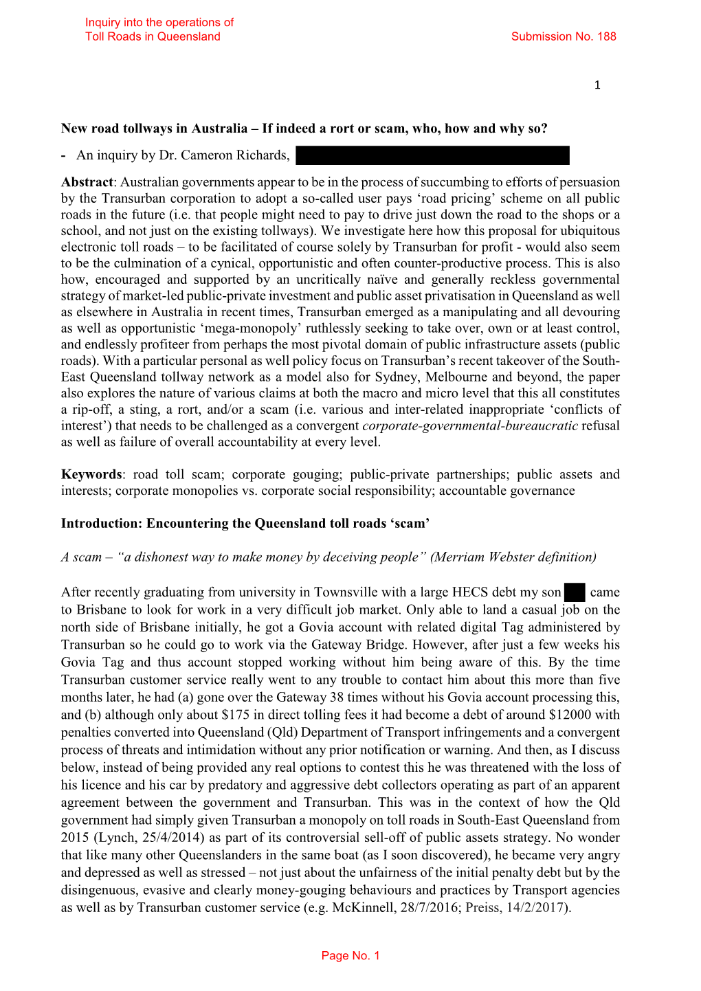 New Road Tollways in Australia – If Indeed a Rort Or Scam, Who, How and Why So? - an Inquiry by Dr