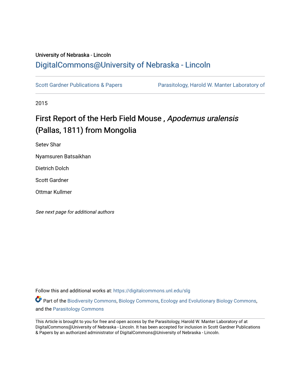 First Report of the Herb Field Mouse , &lt;I&gt;Apodemus Uralensis&lt;/I&gt; (Pallas