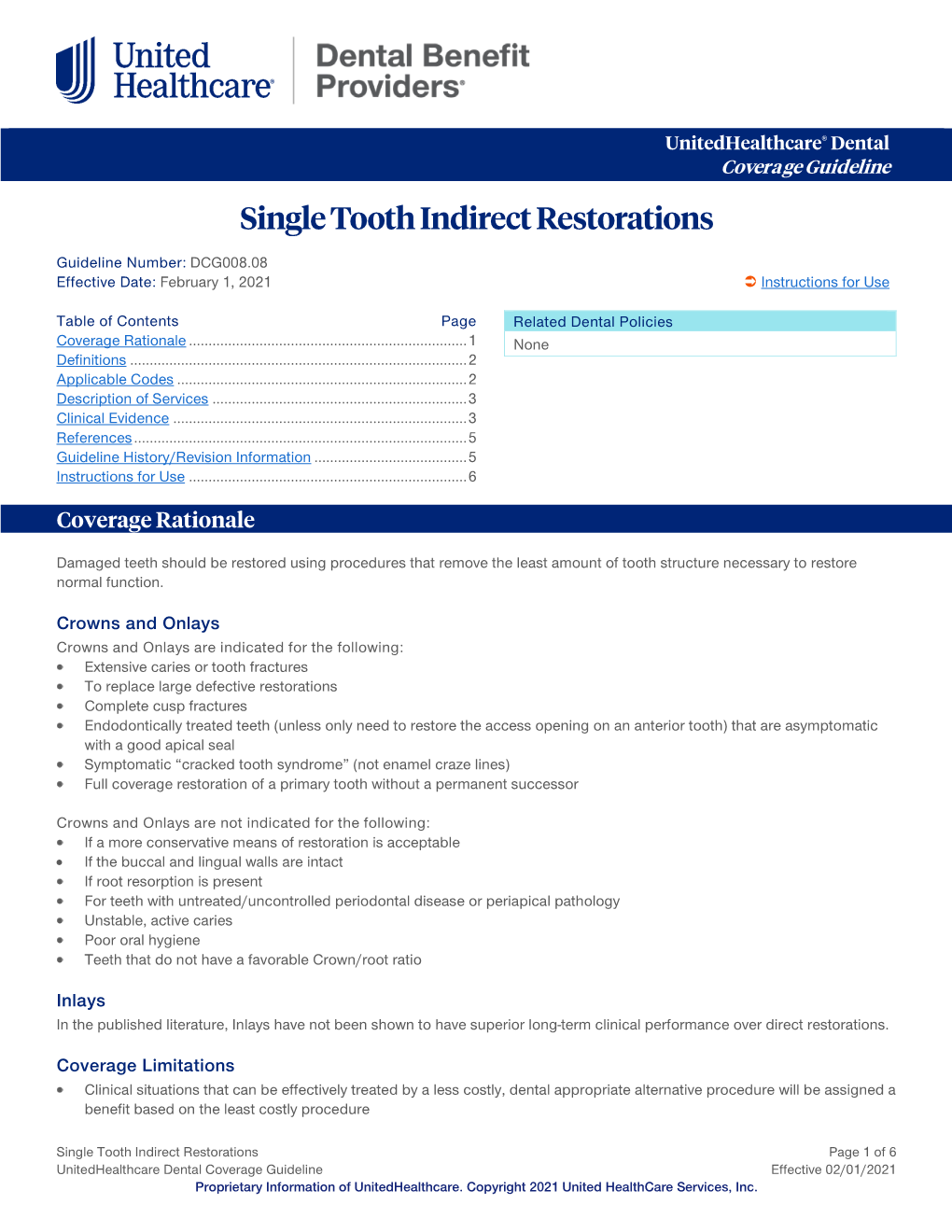 Single Tooth Indirect Restorations – Dental Coverage Guideline