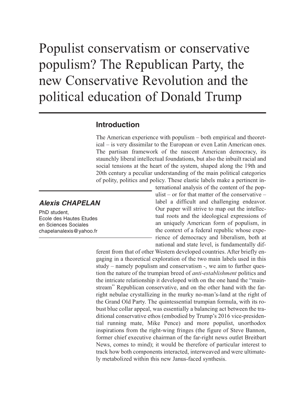 Populist Conservatism Or Conservative Populism? the Republican Party, the New Conservative Revolution and the Political Education of Donald Trump