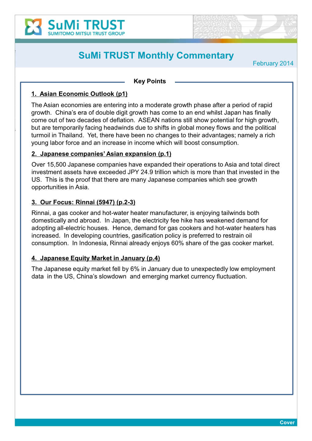 Sumi TRUST Monthly Commentary February 2014