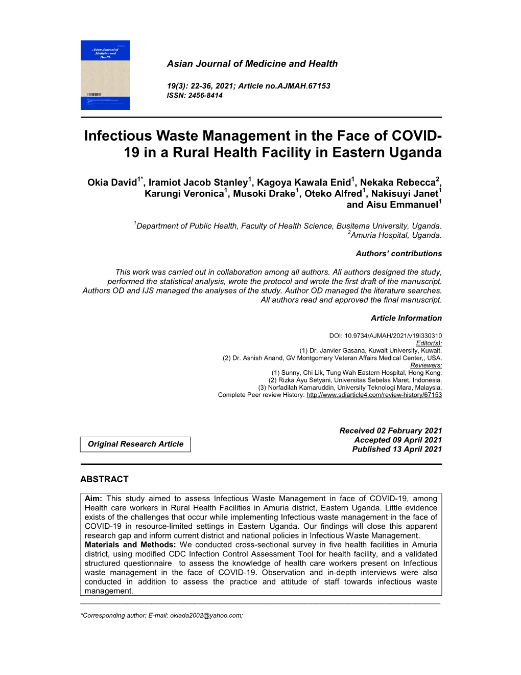 Infectious Waste Management in the Face of COVID- 19 in a Rural Health Facility in Eastern Uganda