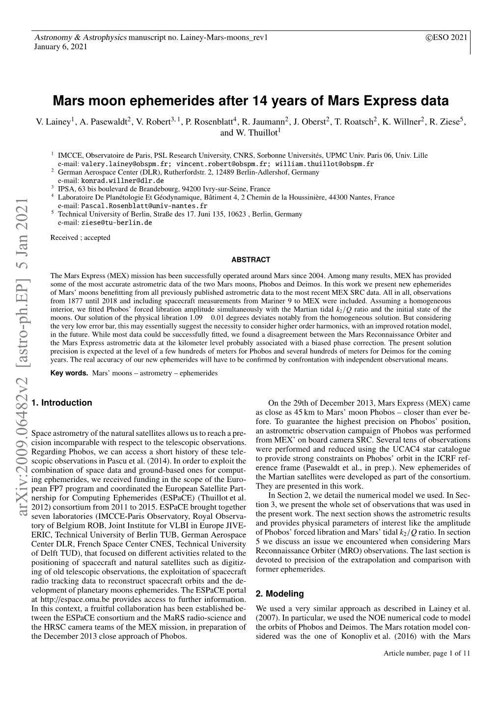 Arxiv:2009.06482V2 [Astro-Ph.EP] 5 Jan 2021 Ai Rcigdt Orcntutsaerf Risadth Porta Http: Espace and the at Orbits Ephemerides