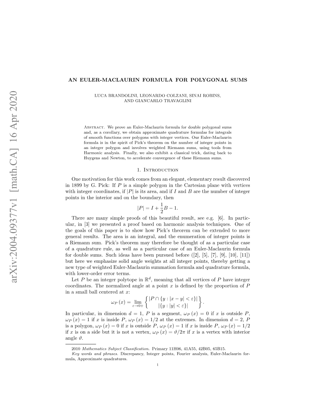 Arxiv:2004.09377V1 [Math.CA] 16 Apr 2020 Sapolygon, a Is Angle If Ω Ihitgrcodnts If Coordinates, Integer with N19 Yg Ik If Pick: G