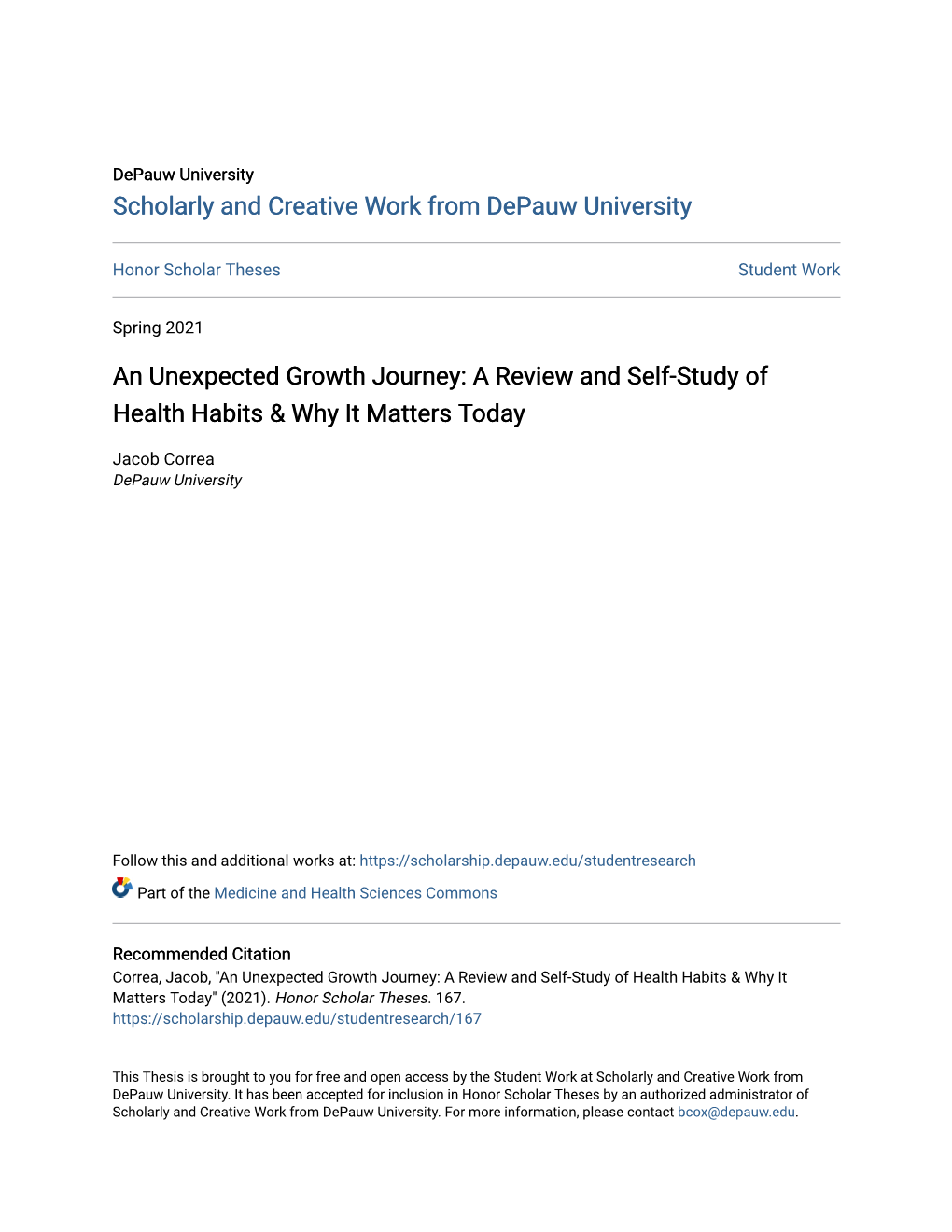 An Unexpected Growth Journey: a Review and Self-Study of Health Habits & Why It Matters Today