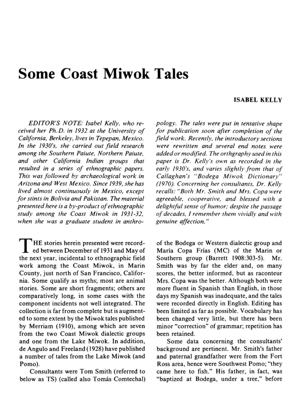 Some Coast Miwok Tales