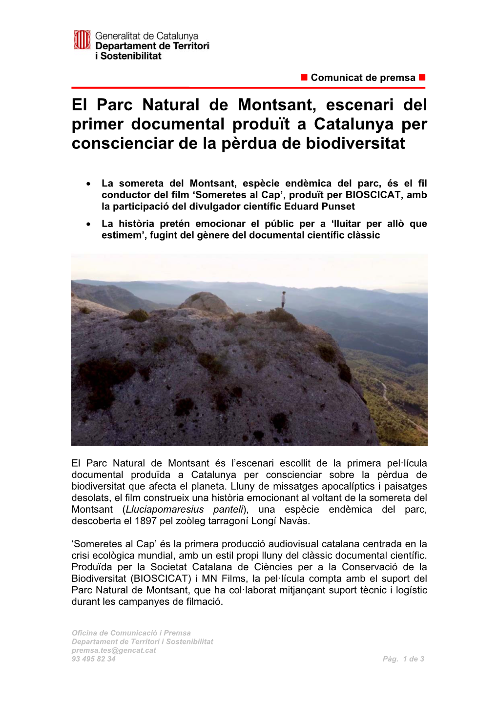 El Parc Natural De Montsant, Escenari Del Primer Documental Produït a Catalunya Per Conscienciar De La Pèrdua De Biodiversitat