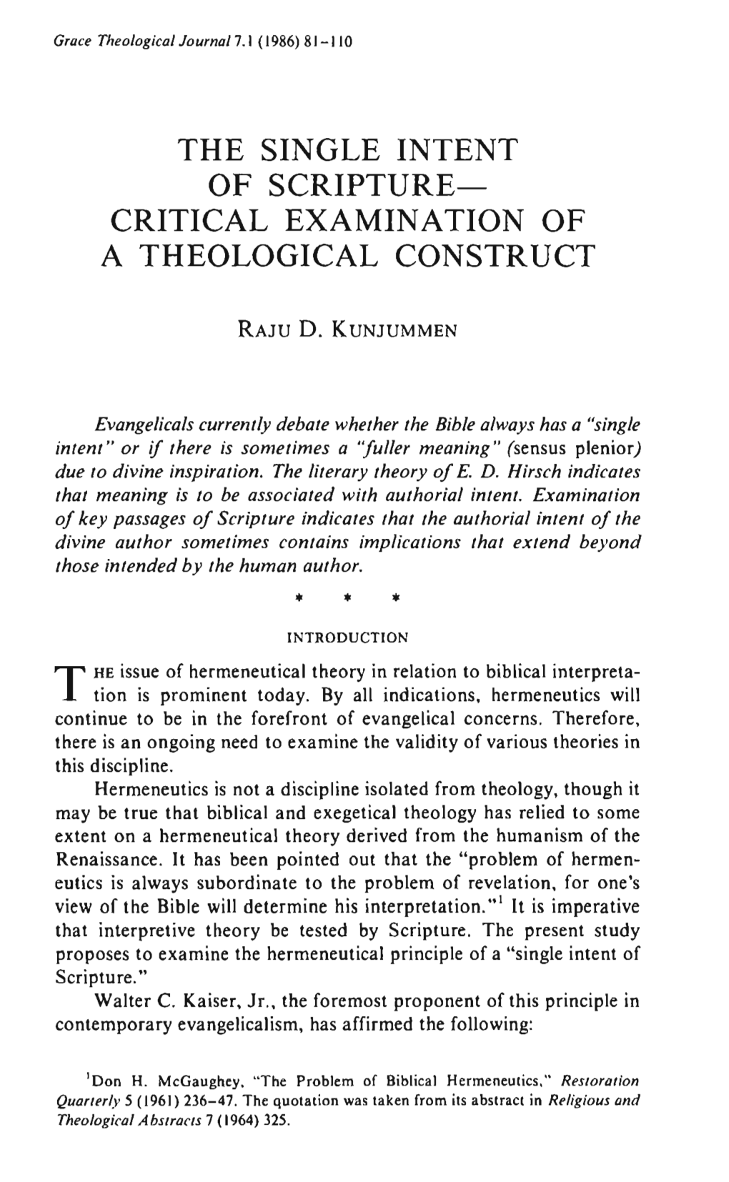 The Single Intent of Scripture­ Critical Examination of a Theological Construct