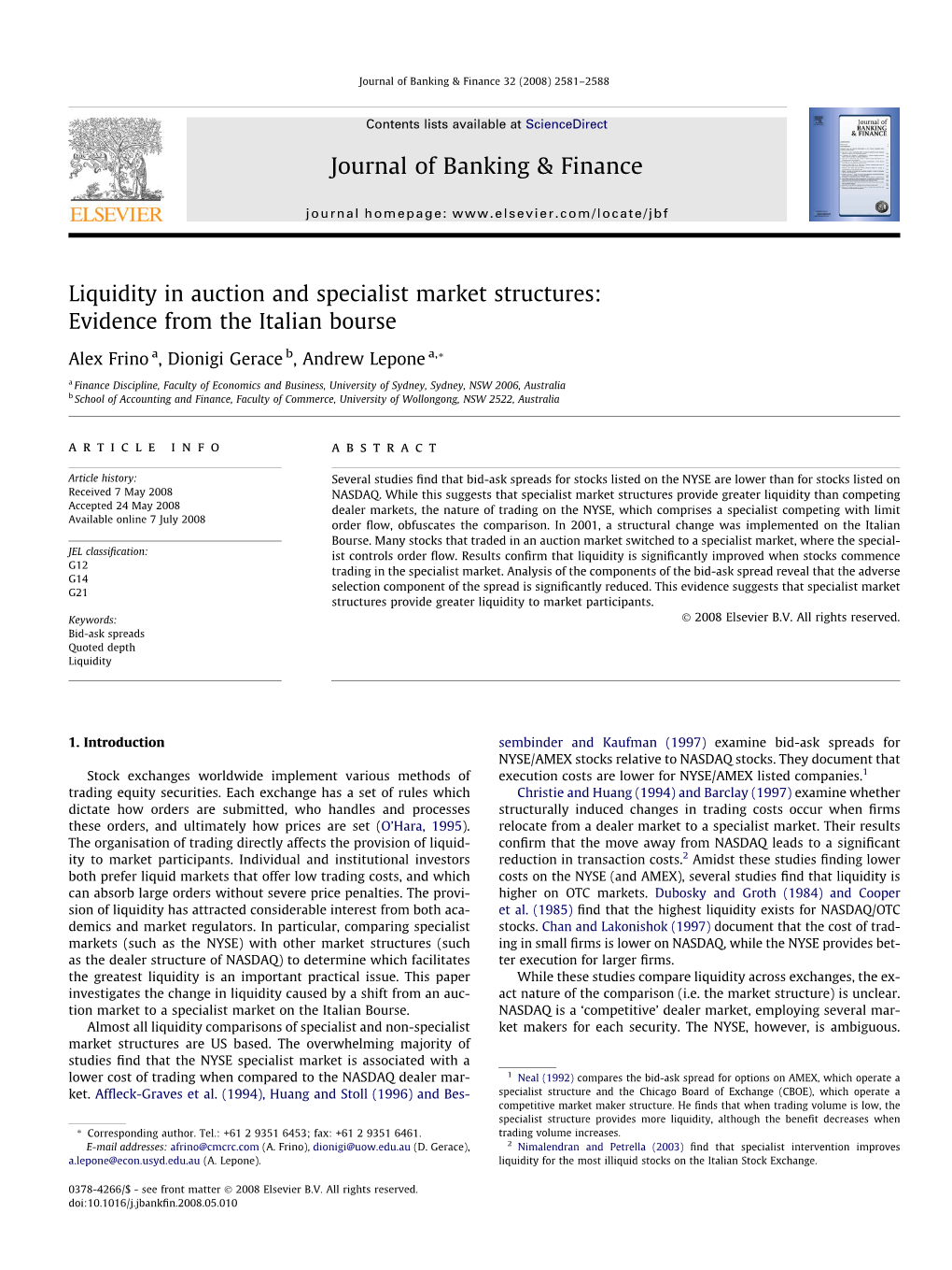 Liquidity in Auction and Specialist Market Structures: Evidence from the Italian Bourse