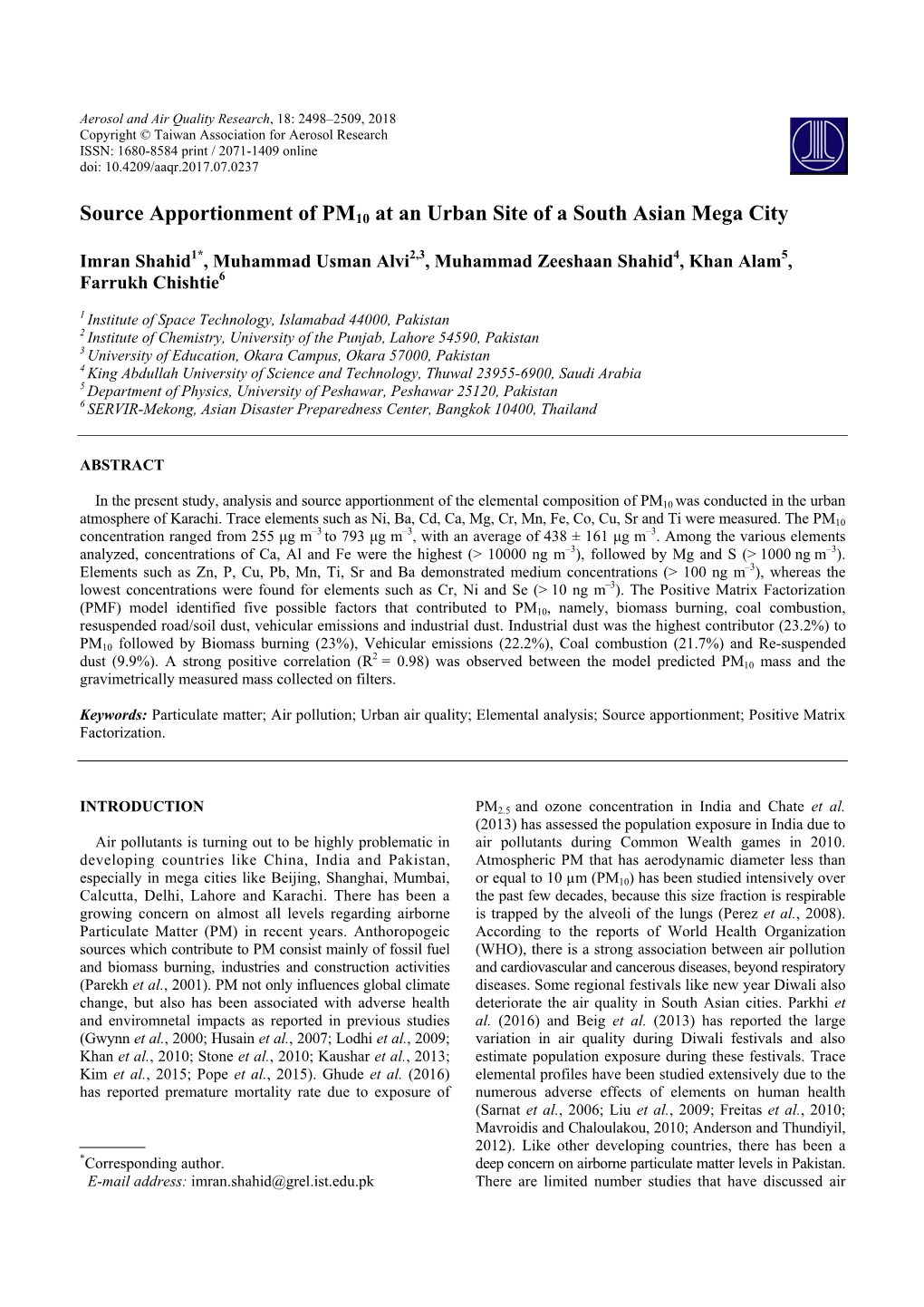 Source Apportionment of PM10 at an Urban Site of a South Asian Mega City