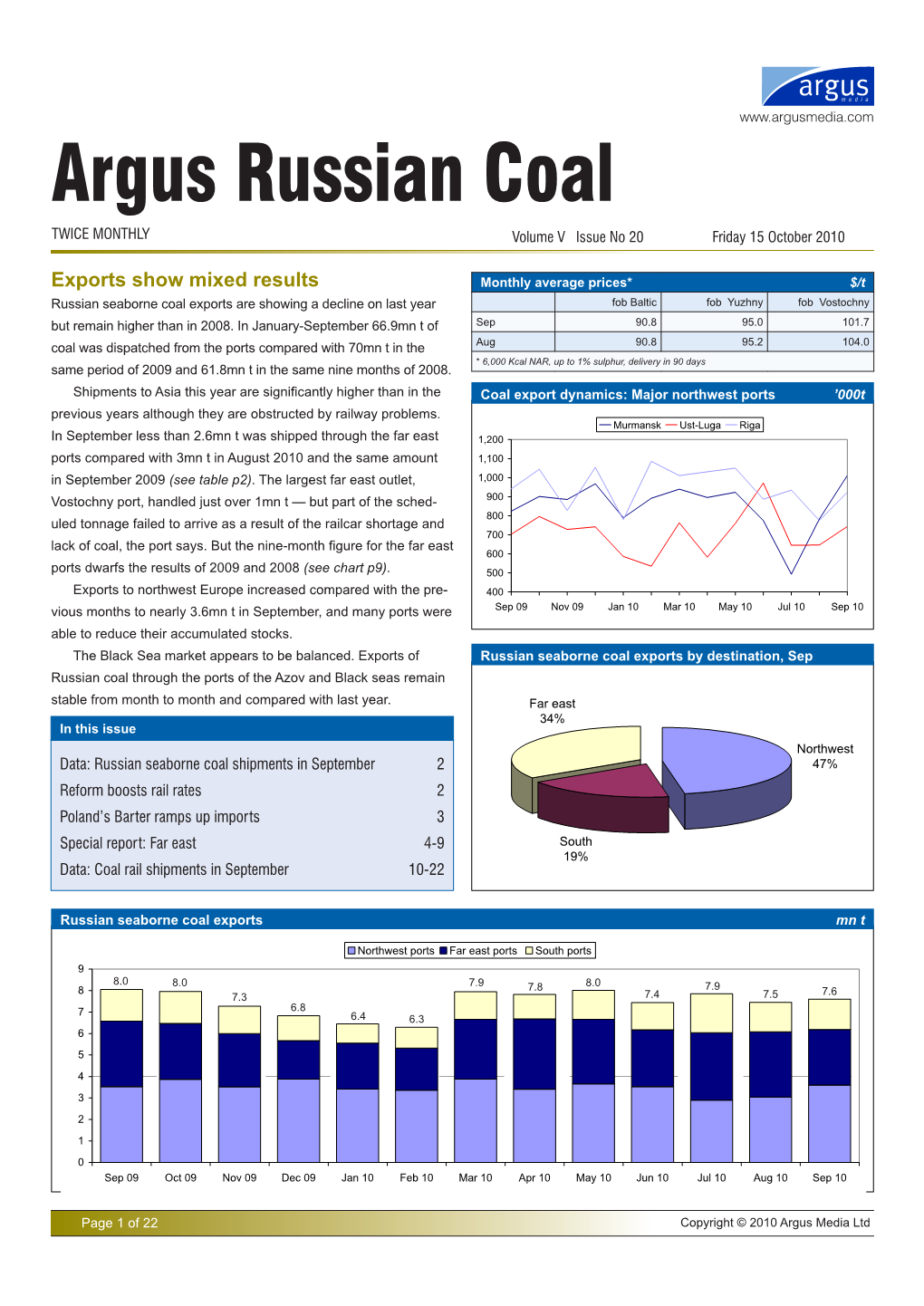 Argus Russian Coal TWICE MONTHLY Volume V Issue No 20 Friday 15 October 2010