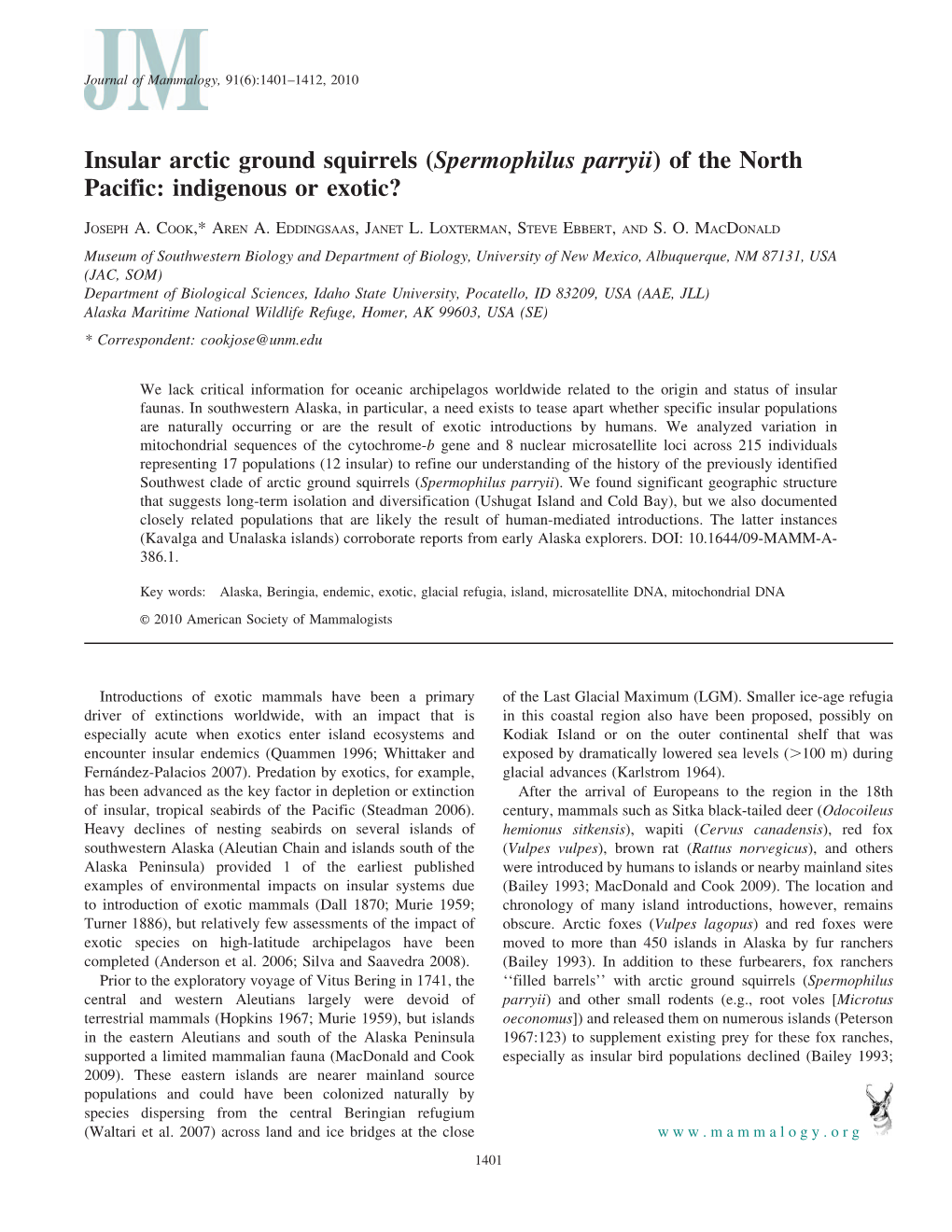 Insular Arctic Ground Squirrels (Spermophilus Parryii) of the North Pacific: Indigenous Or Exotic?