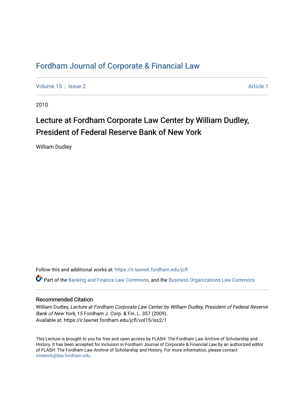 Lecture at Fordham Corporate Law Center by William Dudley, President of Federal Reserve Bank of New York