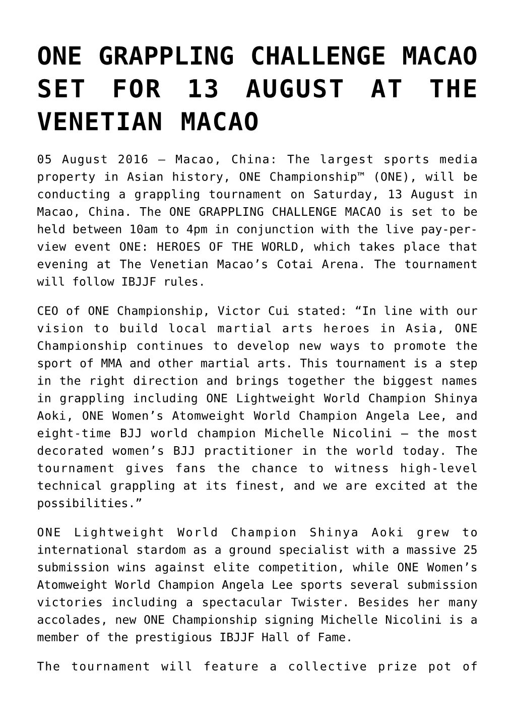 One Grappling Challenge Macao Set for 13 August at the Venetian Macao