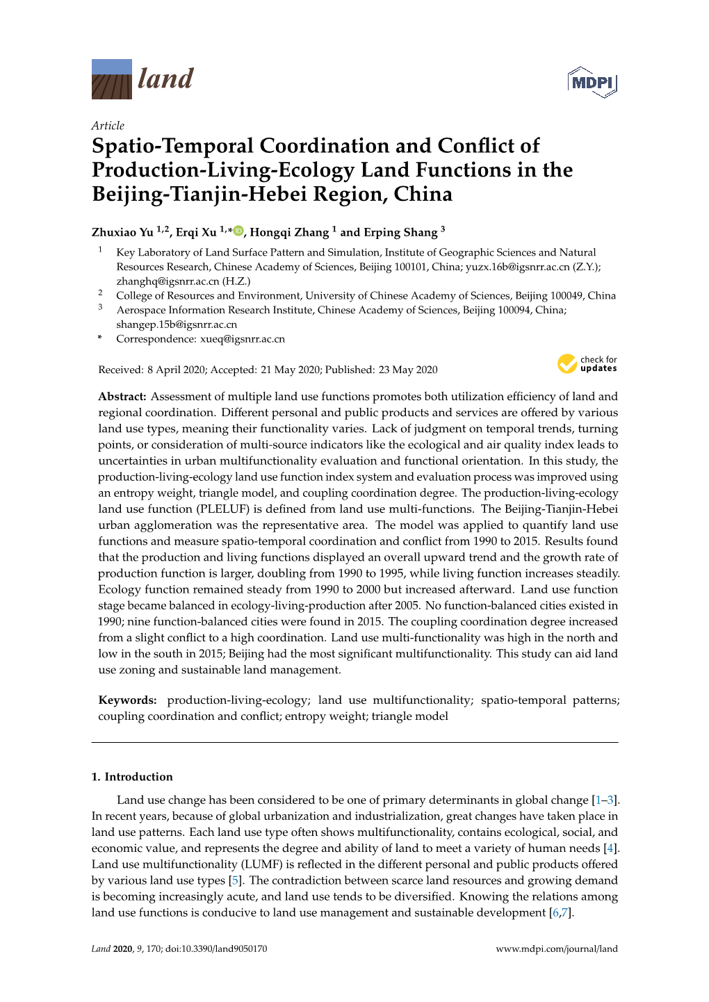 Spatio-Temporal Coordination and Conflict of Production-Living-Ecology Land Functions in the Beijing-Tianjin-Hebei Region, China