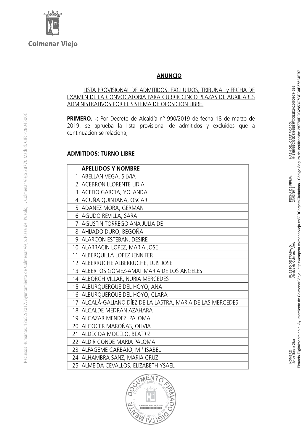 Anuncio Lista Provisional De