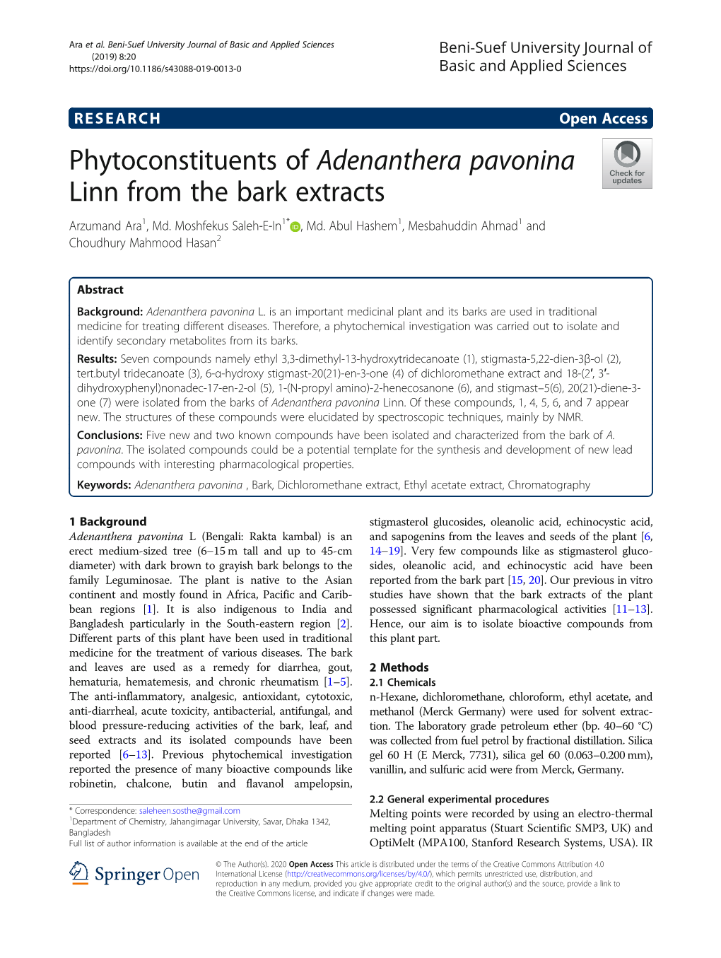 Phytoconstituents of Adenanthera Pavonina Linn from the Bark Extracts Arzumand Ara1, Md