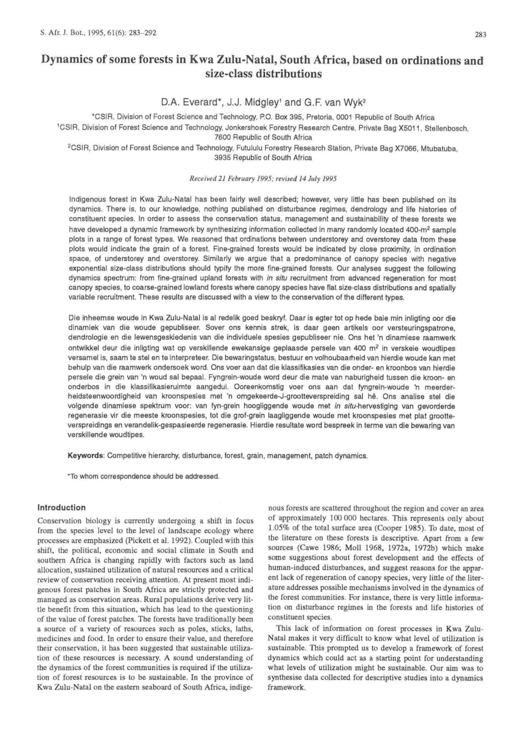 Dynamics of Some Forests in Kwa Zulu-Natal, South Africa, Based on Ordinations and Size-Class Distributions