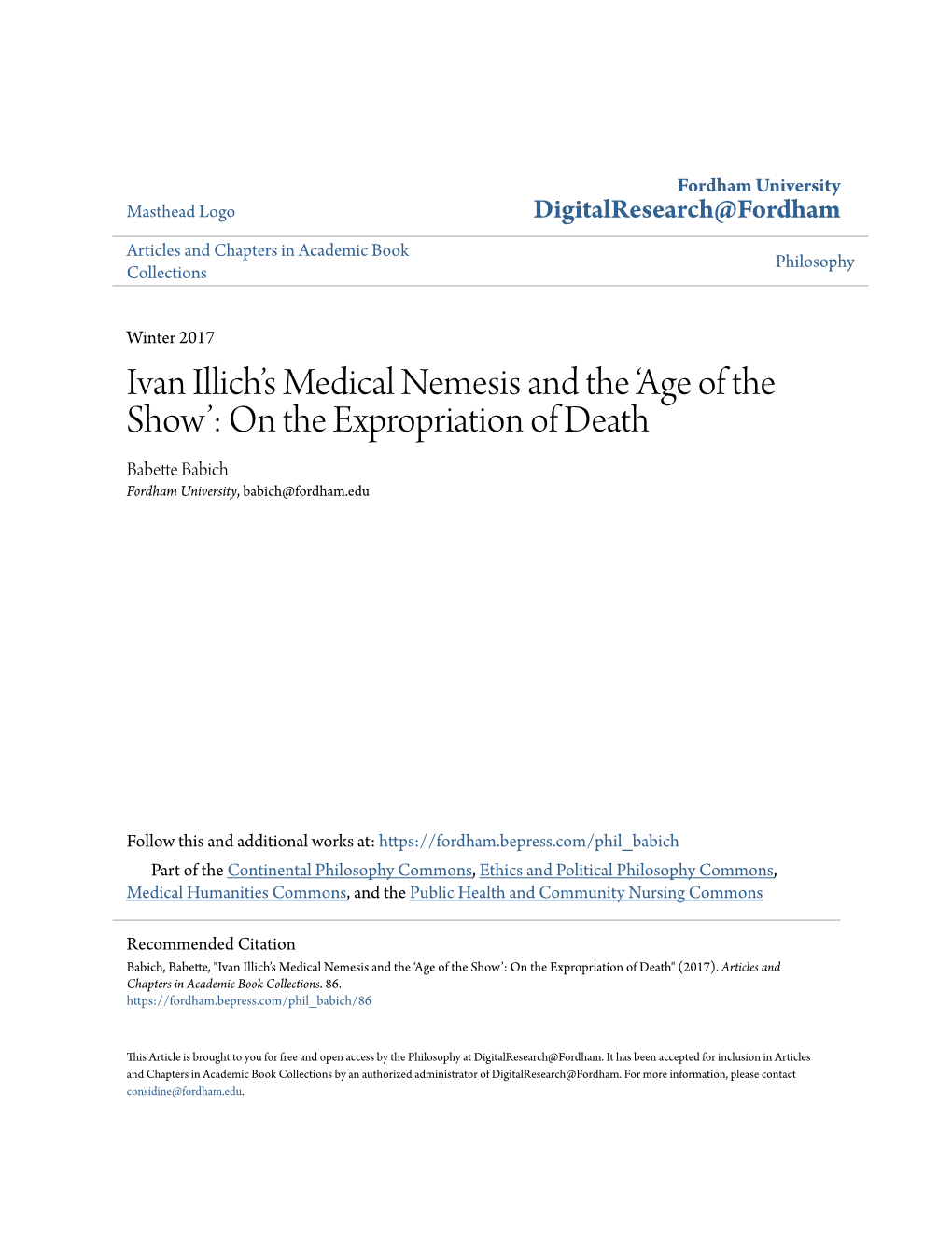 Ivan Illich's Medical Nemesis and the 'Age of the Show': on the Expropriation of Death