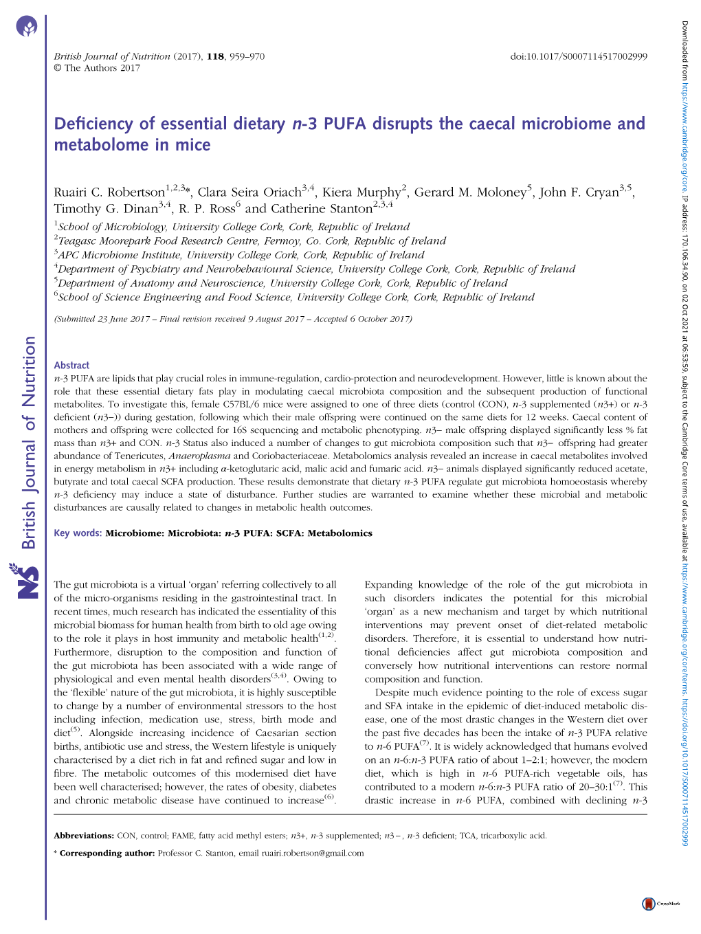 Deficiency of Essential Dietary N-3 PUFA Disrupts the Caecal