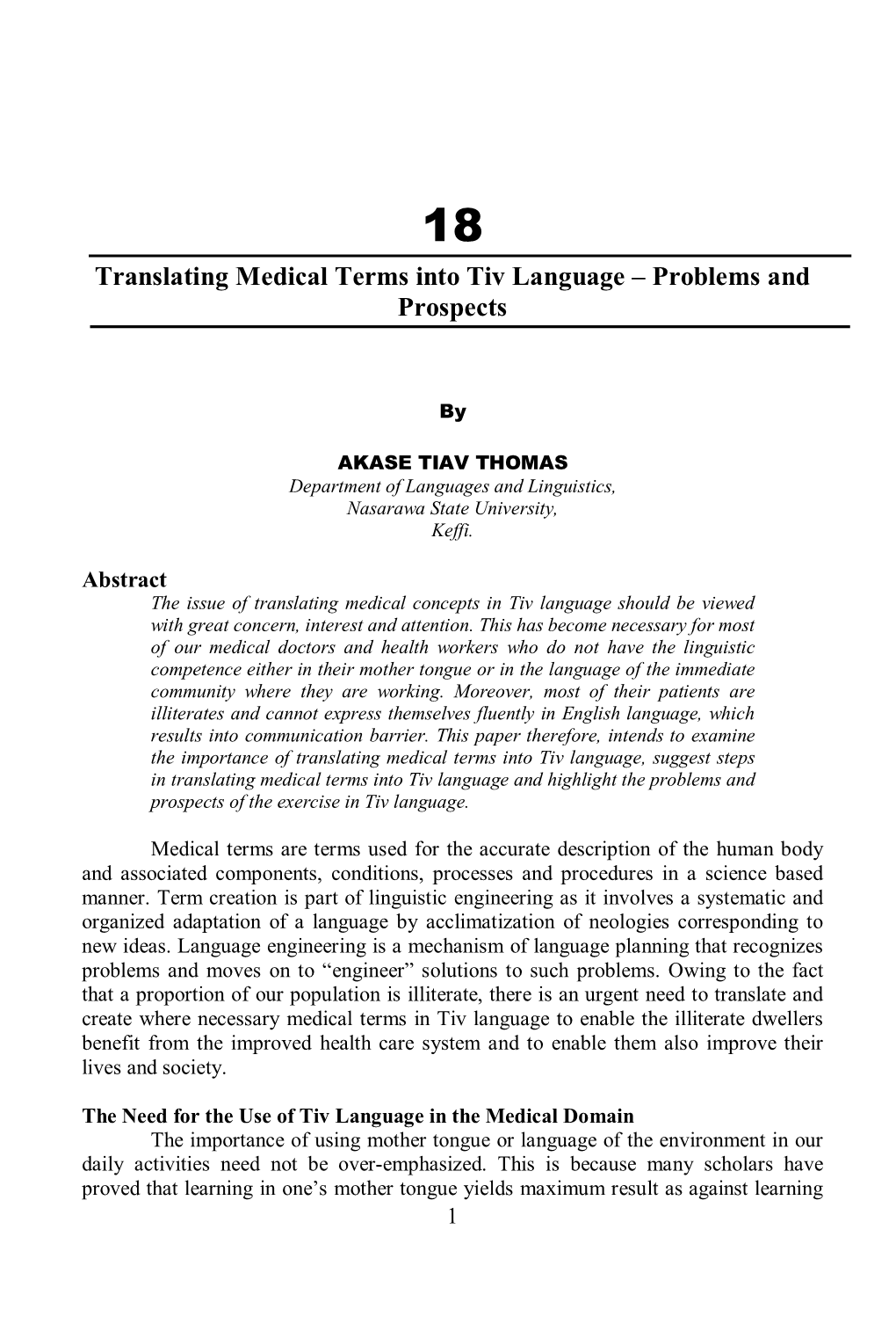 Translating Medical Terms Into Tiv Language – Problems and Prospects