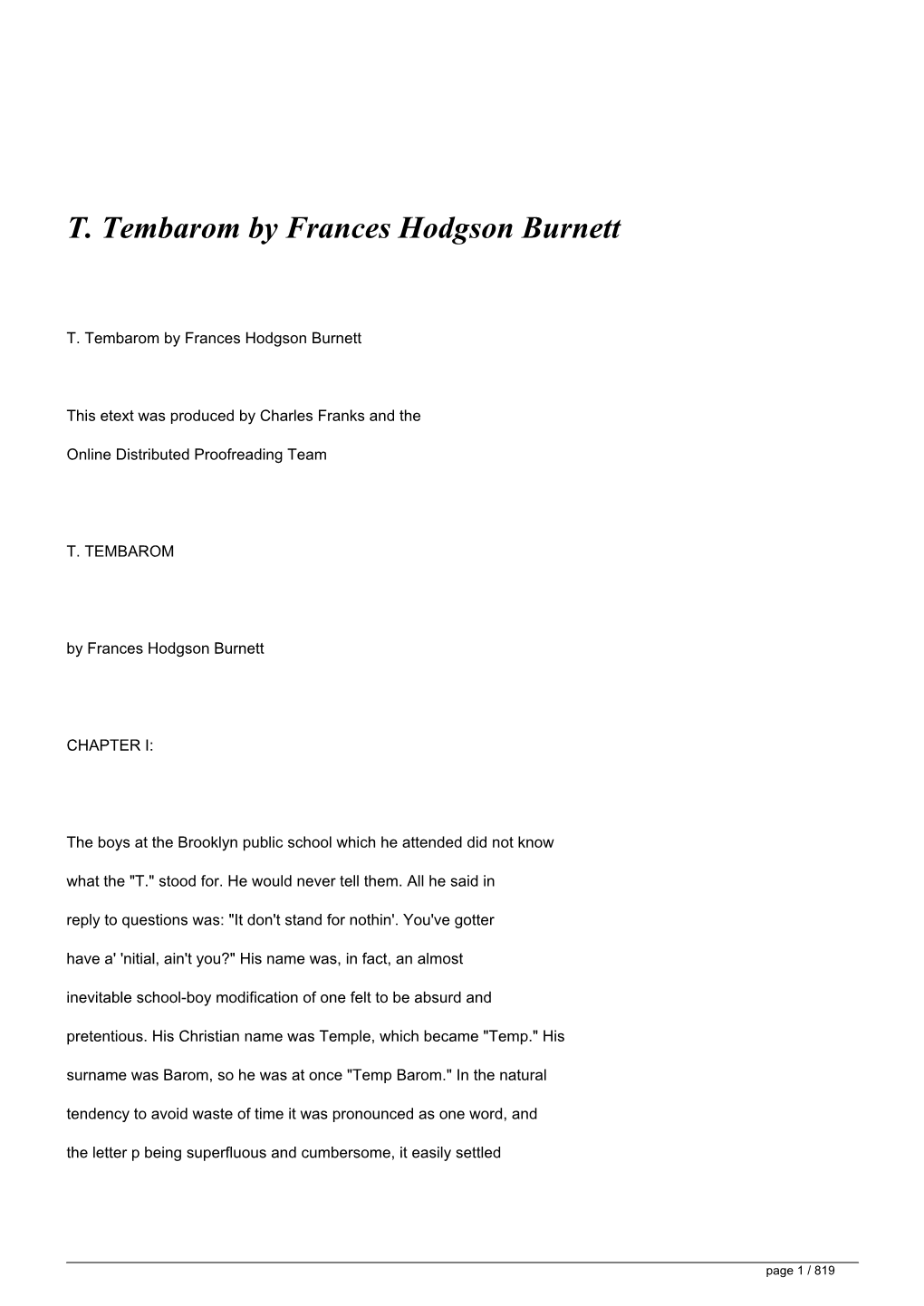 T. Tembarom by Frances Hodgson Burnett</H1>