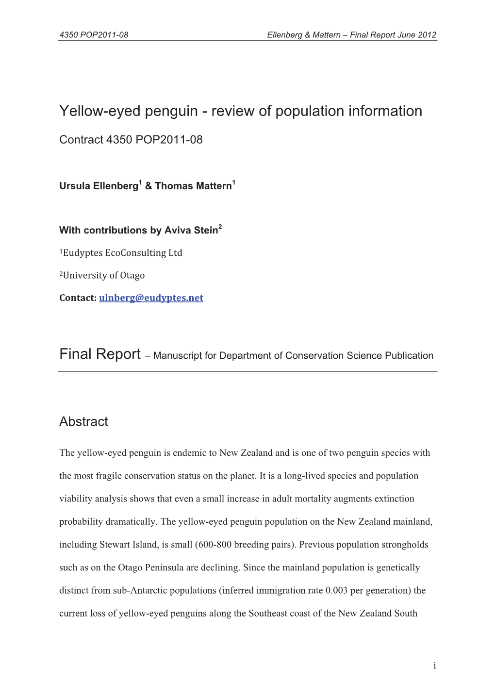 Yellow-Eyed Penguin - Review of Population Information