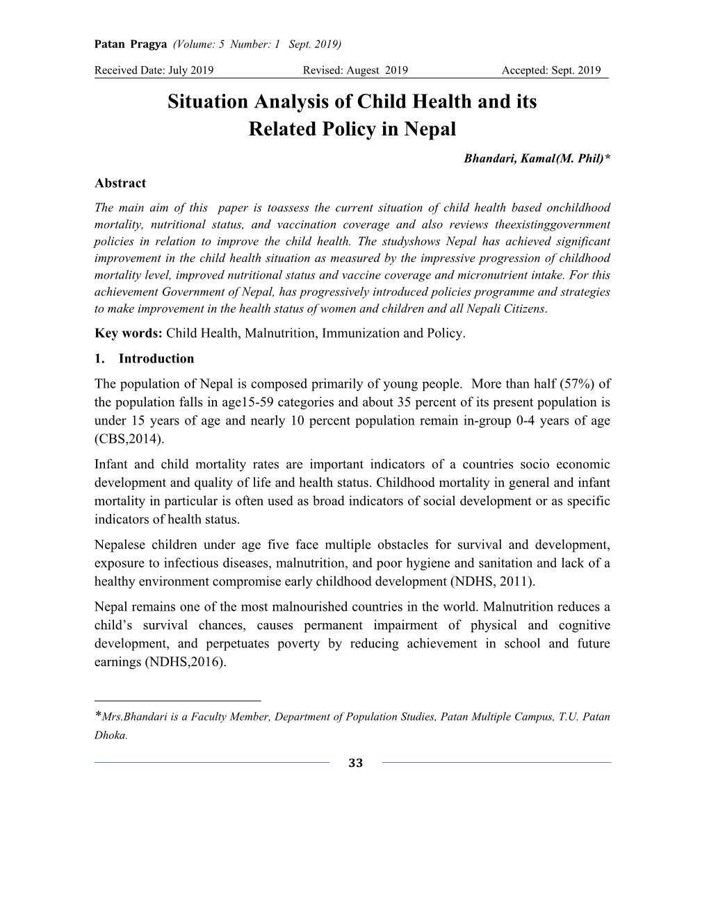 Situation Analysis of Child Health and Its Related Policy in Nepal