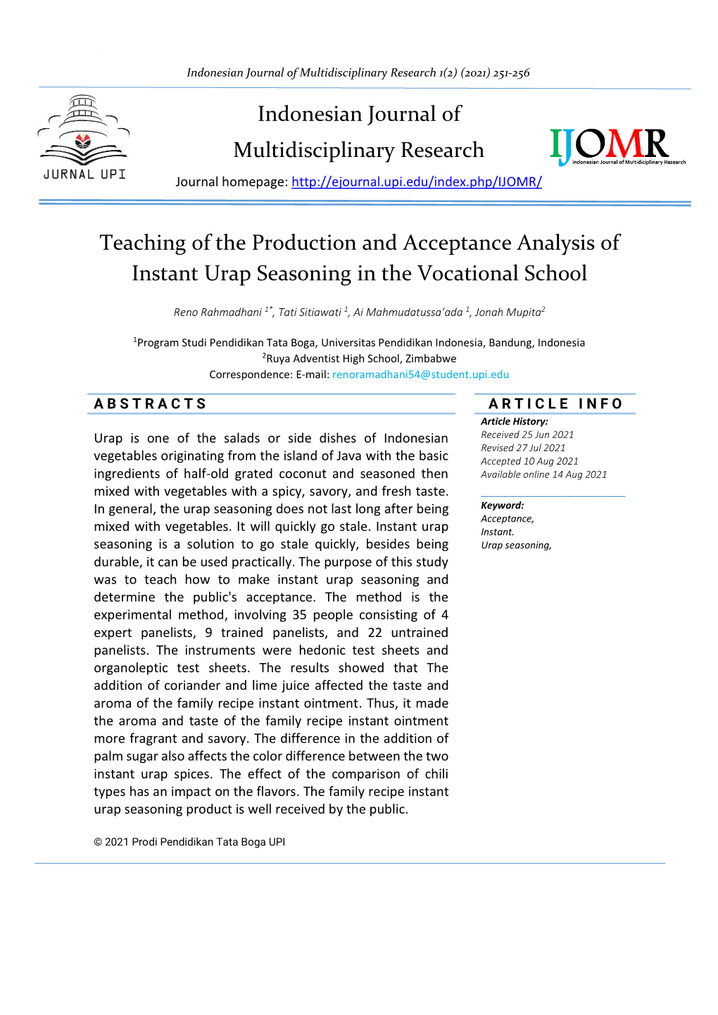 Teaching of the Production and Acceptance Analysis of Instant Urap Seasoning in the Vocational School