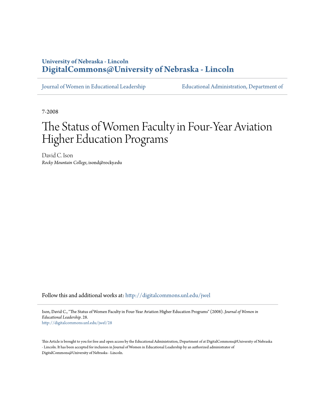 The Status of Women Faculty in Four-Year Aviation Higher Education Programs David C