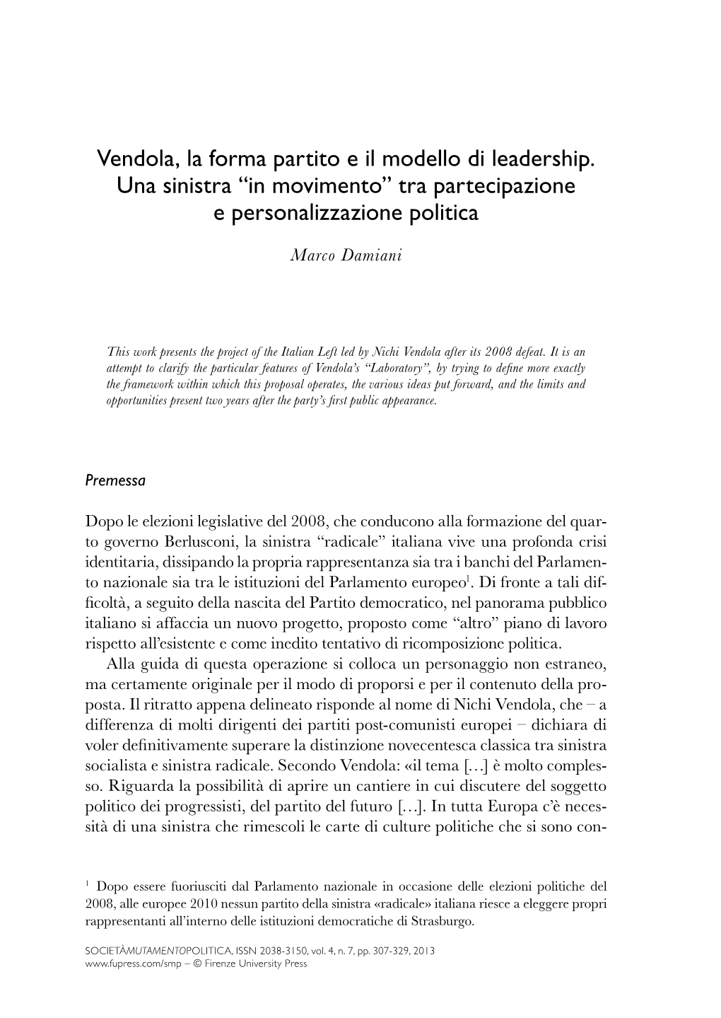 Vendola, La Forma Partito E Il Modello Di Leadership. Una Sinistra “In Movimento” Tra Partecipazione E Personalizzazione Politica