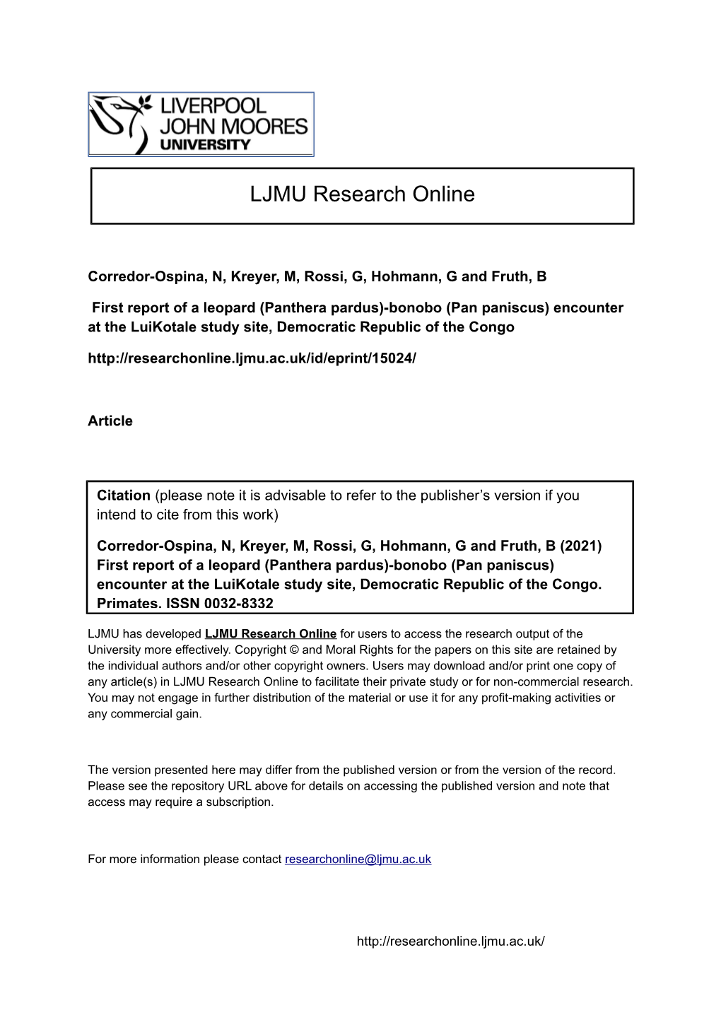 First Report of a Leopard (Panthera Pardus)–Bonobo (Pan Paniscus) Encounter at the Luikotale Study Site, Democratic Republic of the Congo