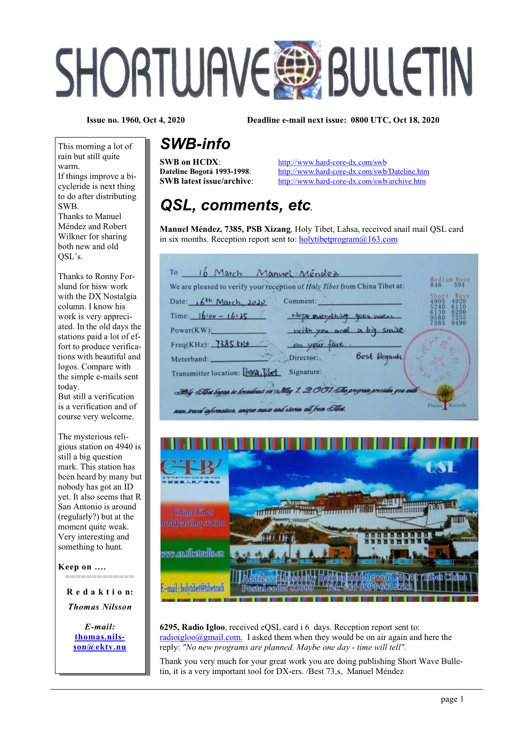 SWB-Info QSL, Comments, Etc