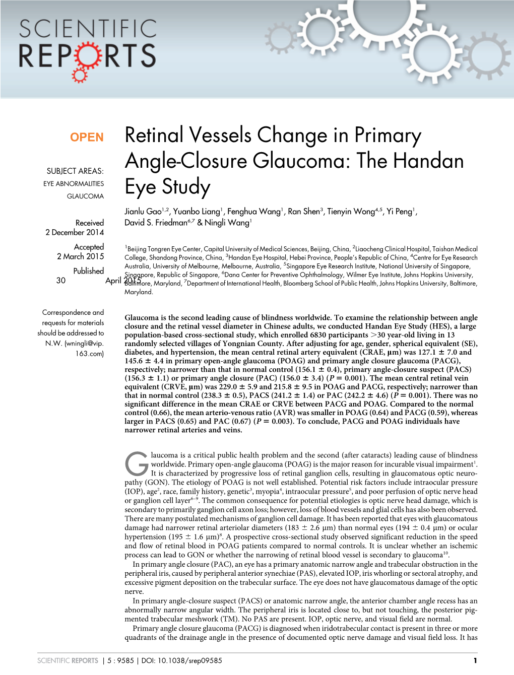 Retinal Vessels Change in Primary Angle-Closure Glaucoma: the Handan Eye Study