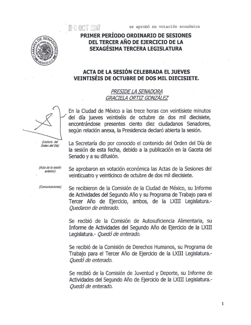 Primer Período Ordinario-De Sesiones Del Tercer Año De Ejercicio De La Sexagésima Tercera Legislatura