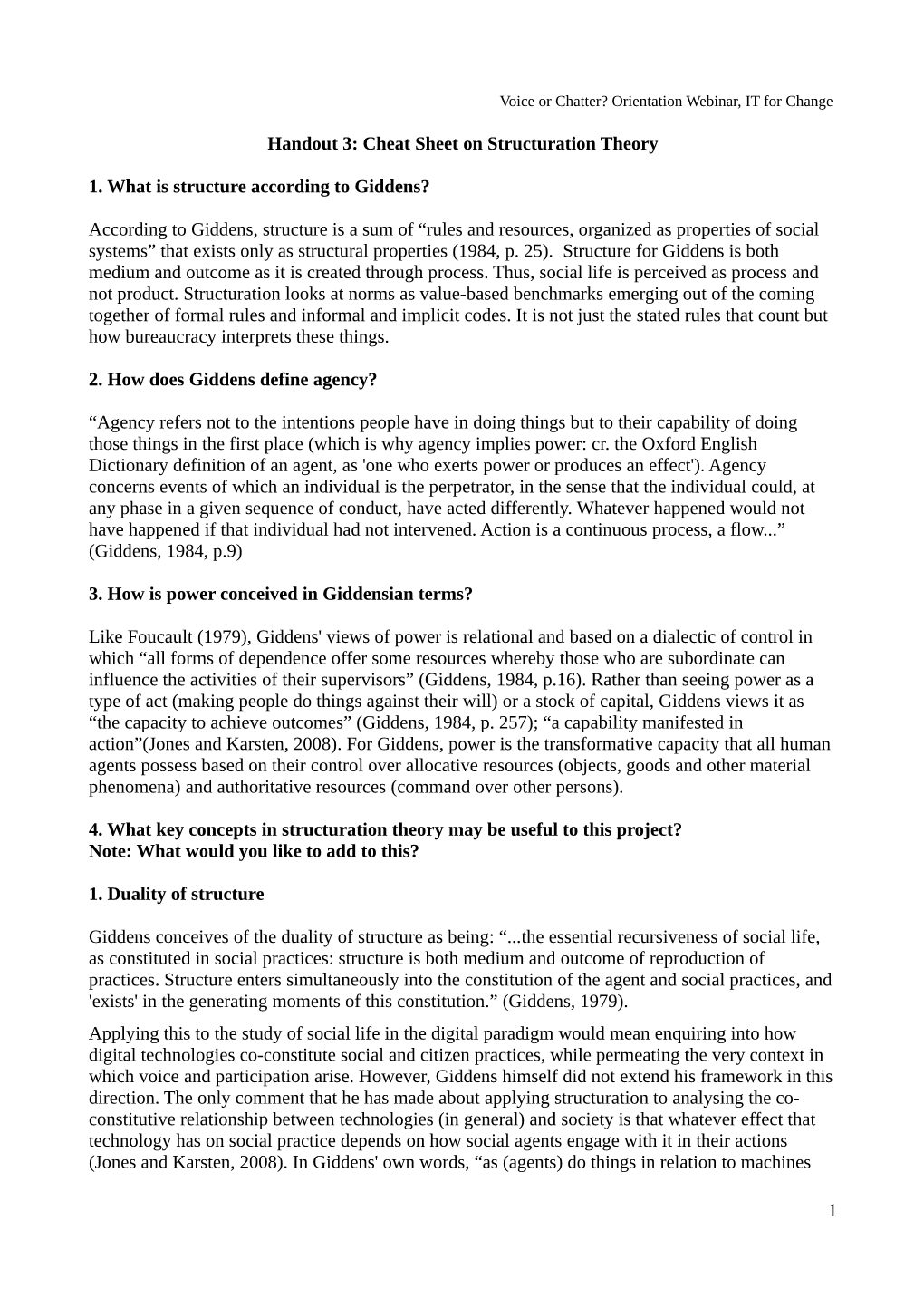 Cheat Sheet on Structuration Theory