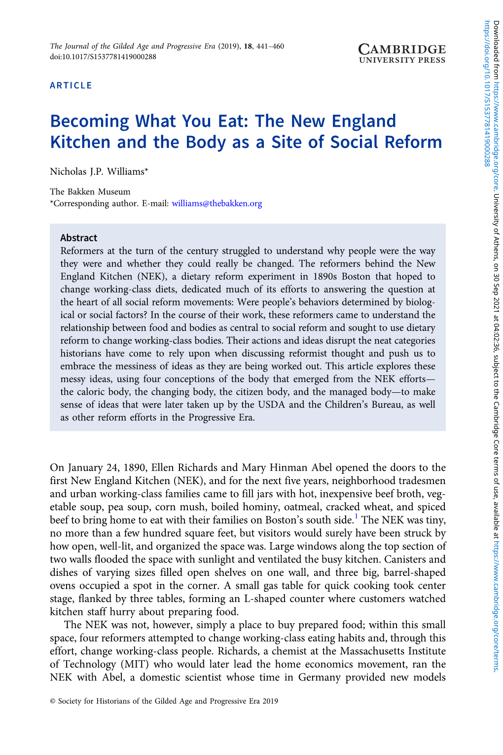 Becoming What You Eat: the New England Kitchen and the Body As a Site of Social Reform