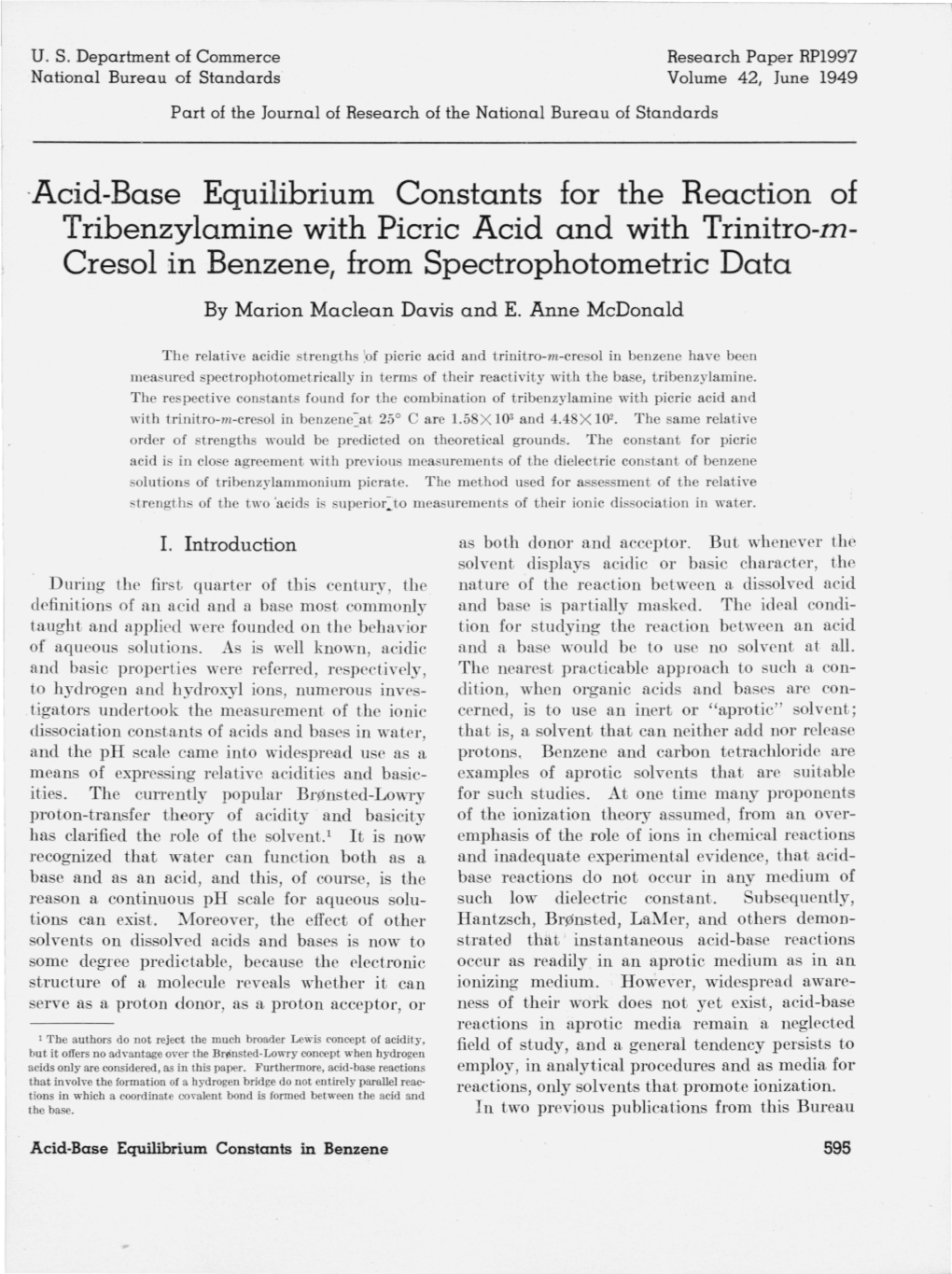 Acid-Base Equilibrium Constants for the Reaction of Tribenzylamine with Picric Acid and with Trinitro-M­ Cresol in Benzene, from Spectrophotometric Data