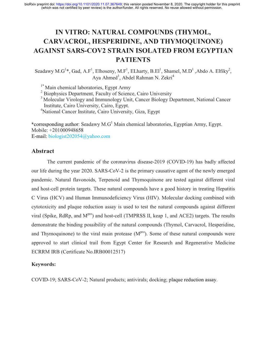 (Thymol, Carvacrol, Hesperidine, and Thymoquinone) Against Sars-Cov2 Strain Isolated from Egyptian Patients