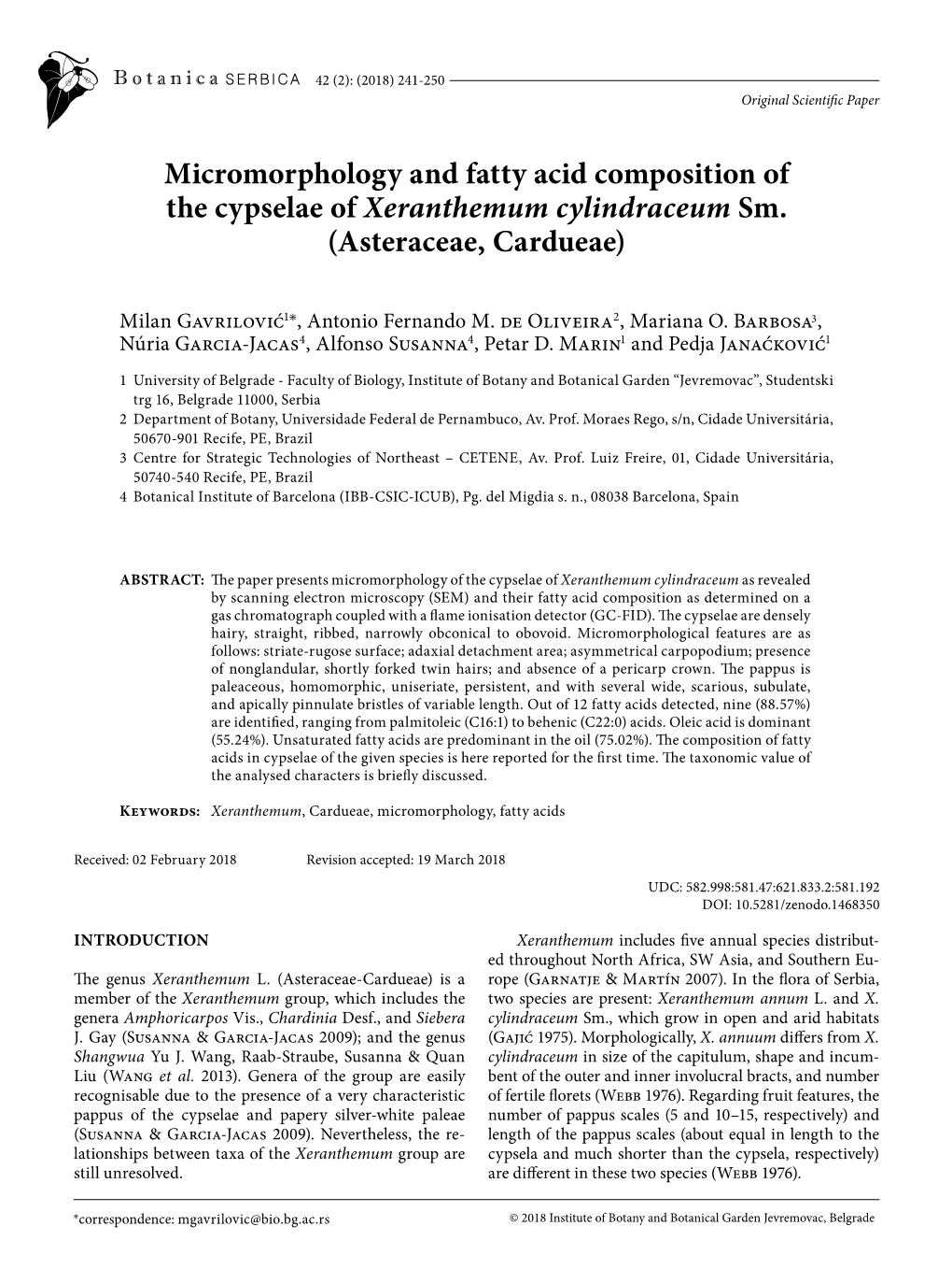 Micromorphology and Fatty Acid Composition of the Cypselae of Xeranthemum Cylindraceum Sm