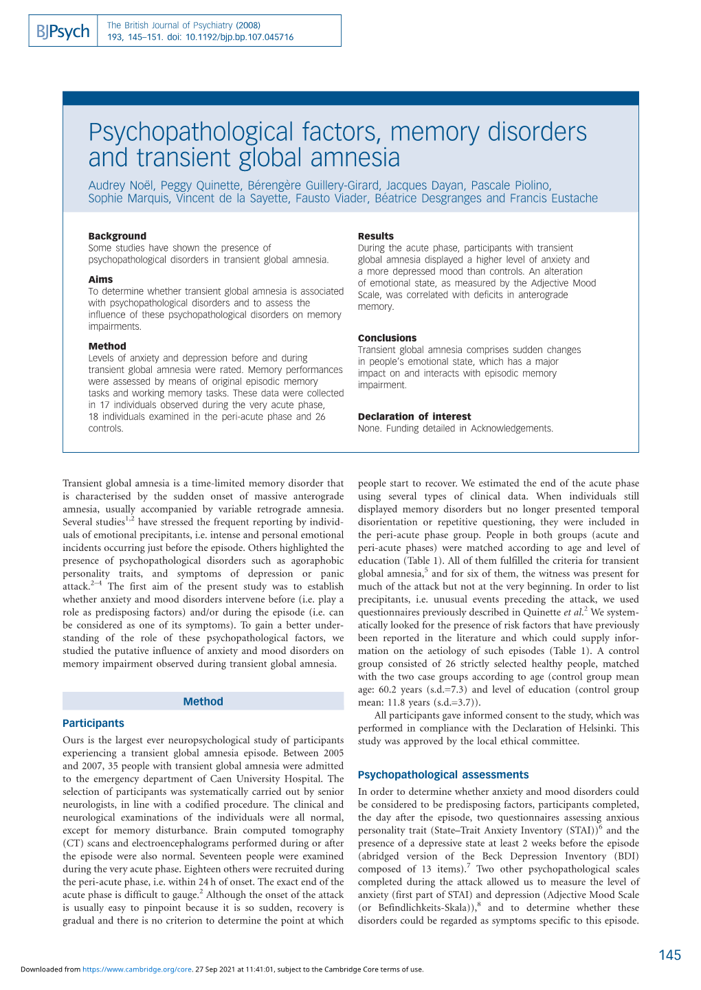 Psychopathological Factors, Memory Disorders and Transient Global