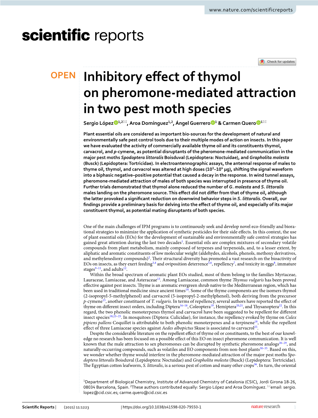 Inhibitory Effect of Thymol on Pheromone-Mediated Attraction in Two Pest Moth Species