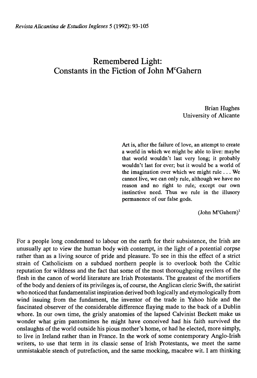 Remembered Light: Constants in the Fiction of John Mcgahern